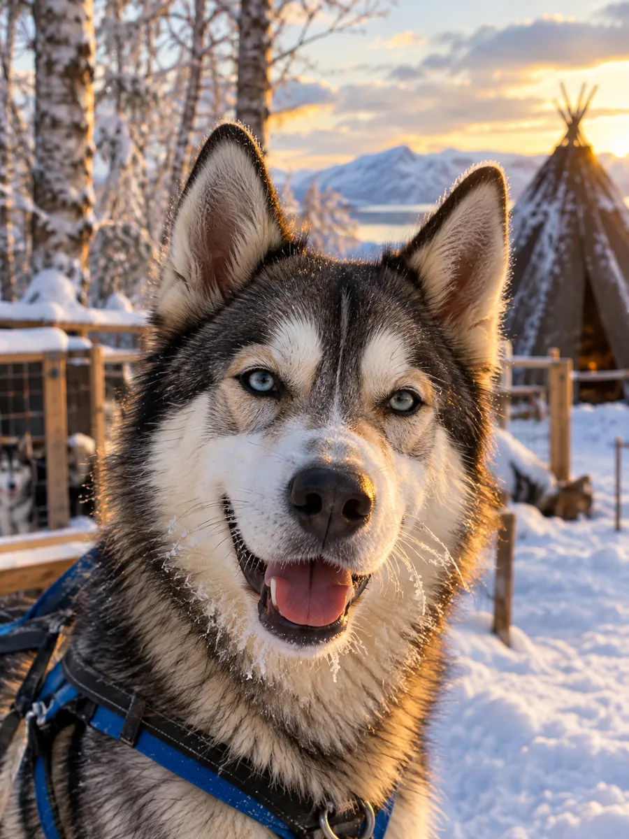 Illustrazione di un husky sorridente con la brina sui baffi in un allevamento vicino a Tromsø